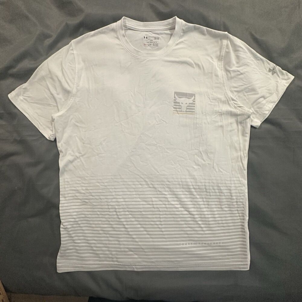 Under Armour Project Rock T-Shirt Mens L Striped Chase Greatness White Gym